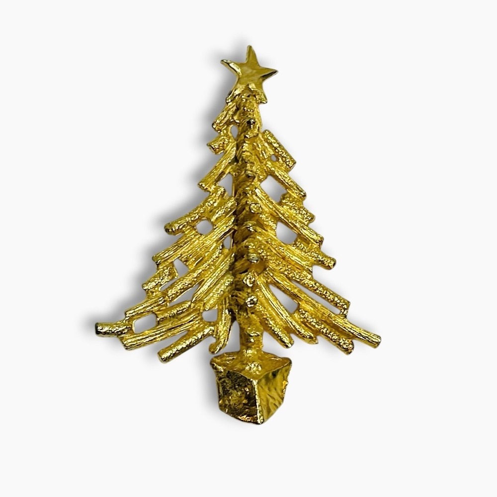 Vintage Raffine Gold Christmas Tree Holiday Brooch Pin 3D